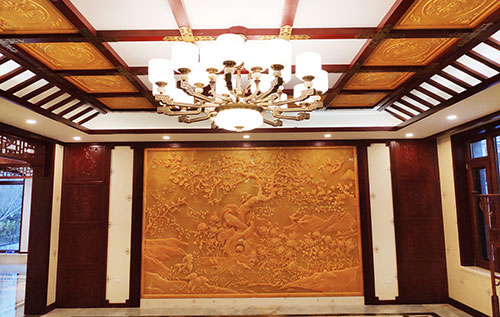 青秀中式别墅客厅中式木作横梁吊顶装饰展示